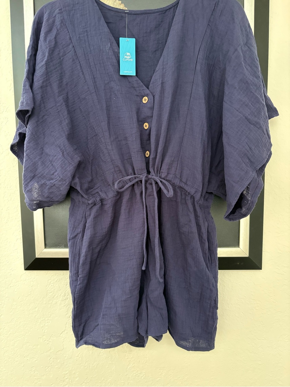 Cupshe Deep Navy V-Neck Button Front Drawstring Romper